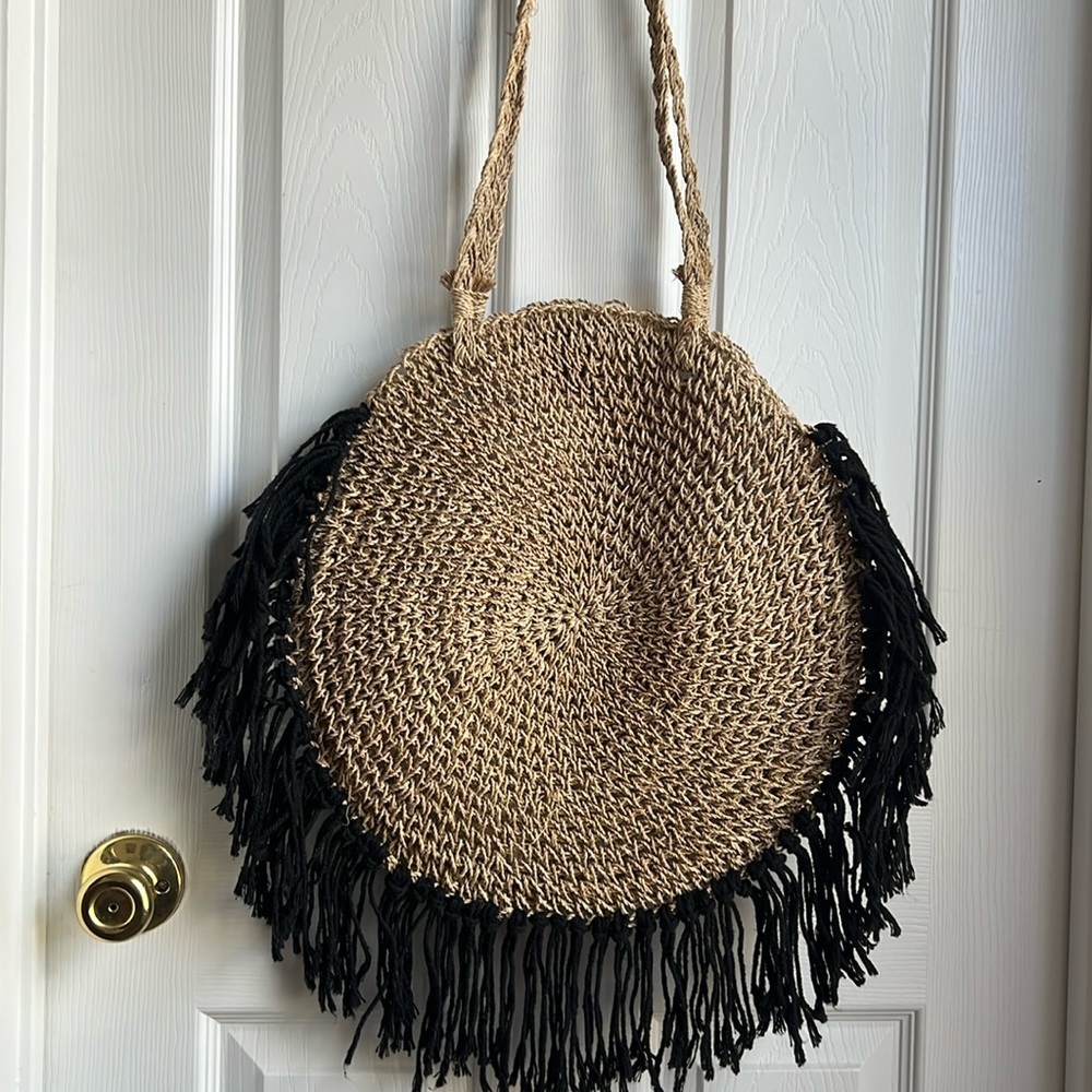 Boho style summer shoulder bag with black yarn details